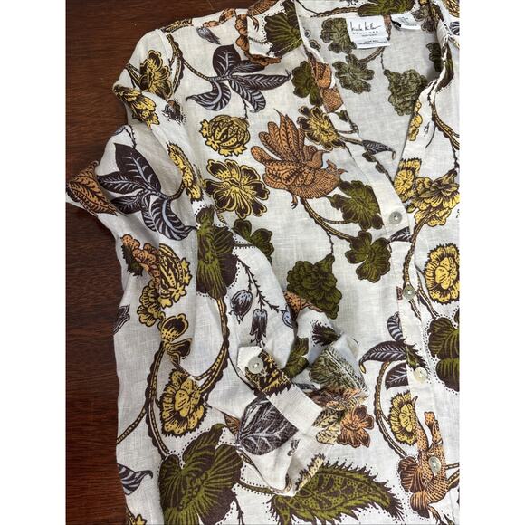 Nicole Miller Linen Tunic Blouse Size XL Earthy Floral Bird Print‎ Roll Tab - Picture 5 of 6